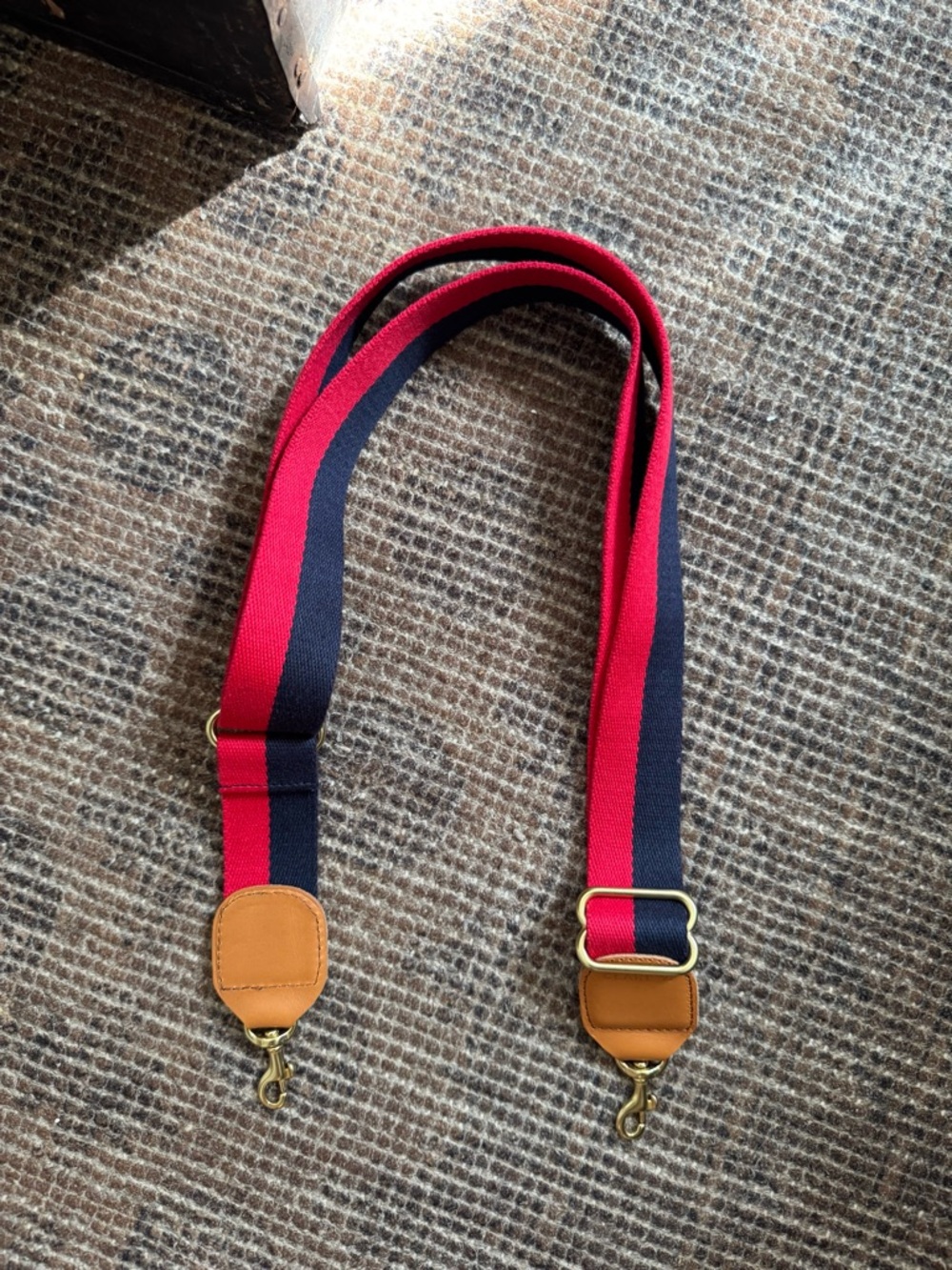 Clare V. Adjustable Red and Navy Webbing Shoulder Strap with Tan Leather Accents